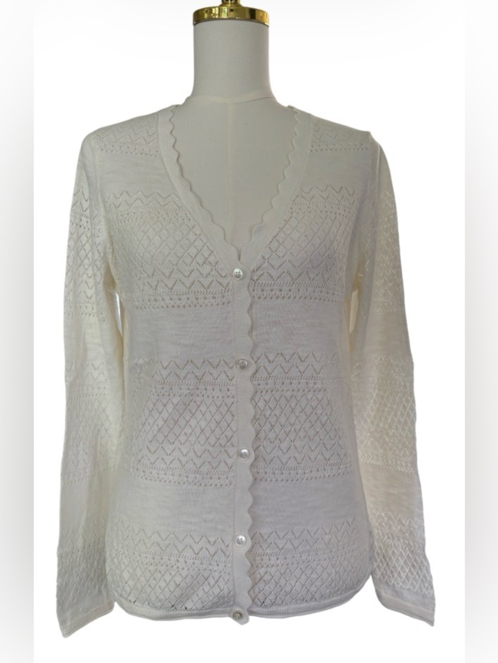 Frye Women's Pointelle Dainty Lace 100% Cotton Cardigan, Ivory, Size Medium SKU4
